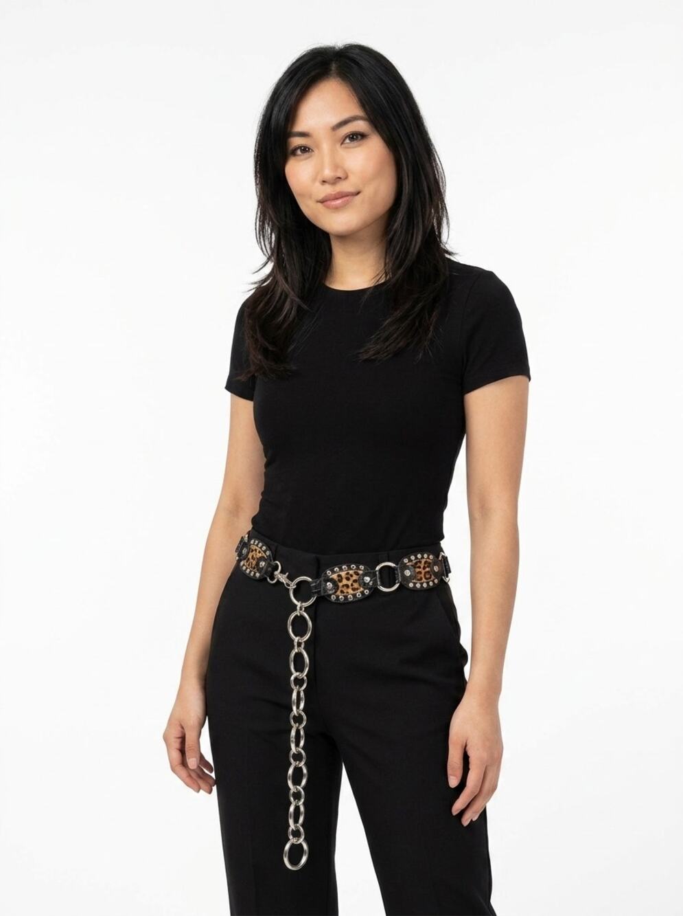 Kathy Van Zeeland Black Animal Print Studded Chain Belt Women Size One Size